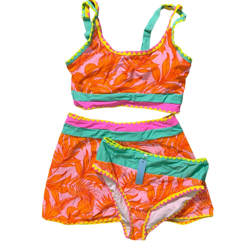 NWT Popvil Neon Orange Tropical 3 Piece Bikini Set High Waist W/ Skirt Medium - Picture 5 of 7